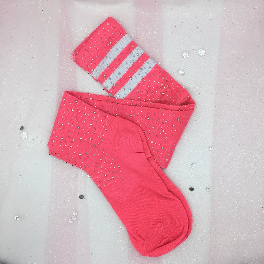Pink/White/Rhinestone Thigh High Socks