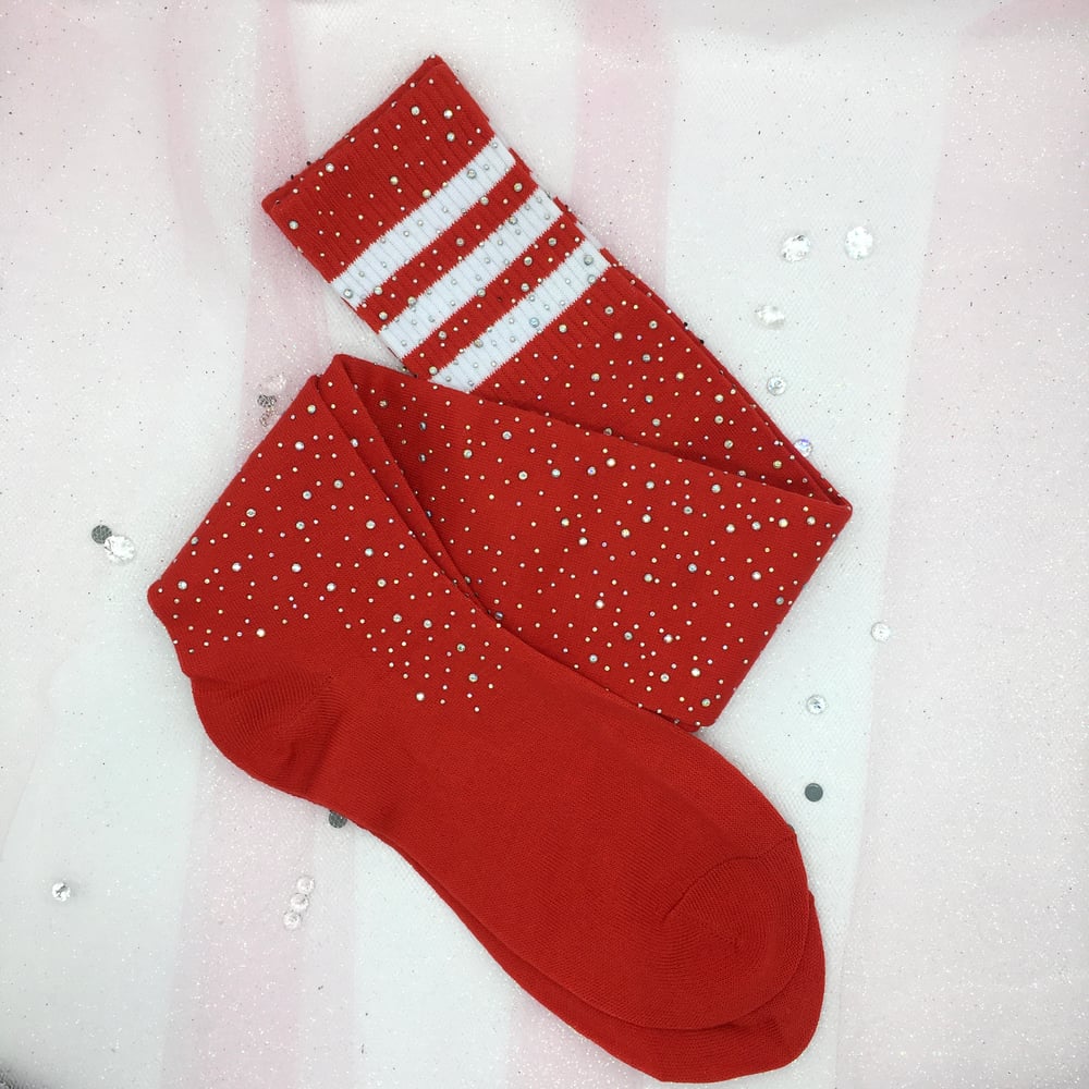 Red/Striped Rhinestone Thigh High Sock 