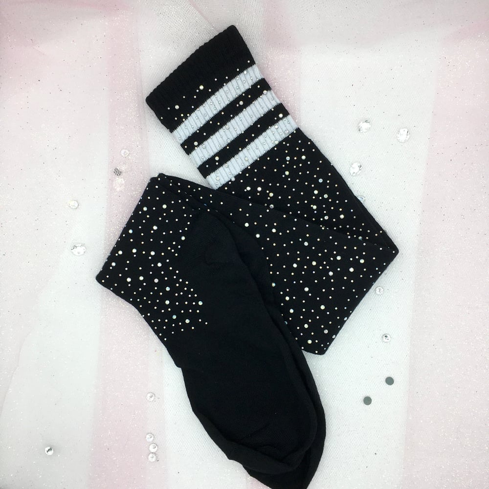 Black/White Rhinestone Thigh High Sock 