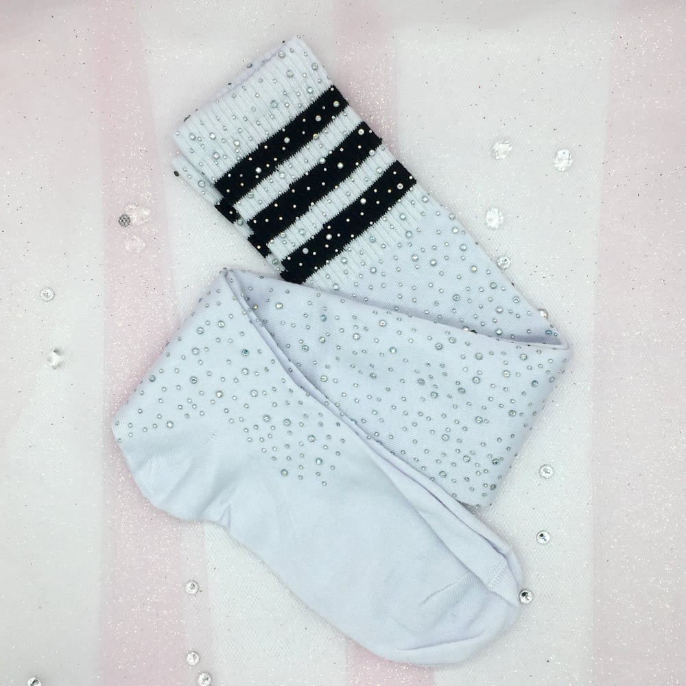 White/Black Rhinestone Thigh High Sock 