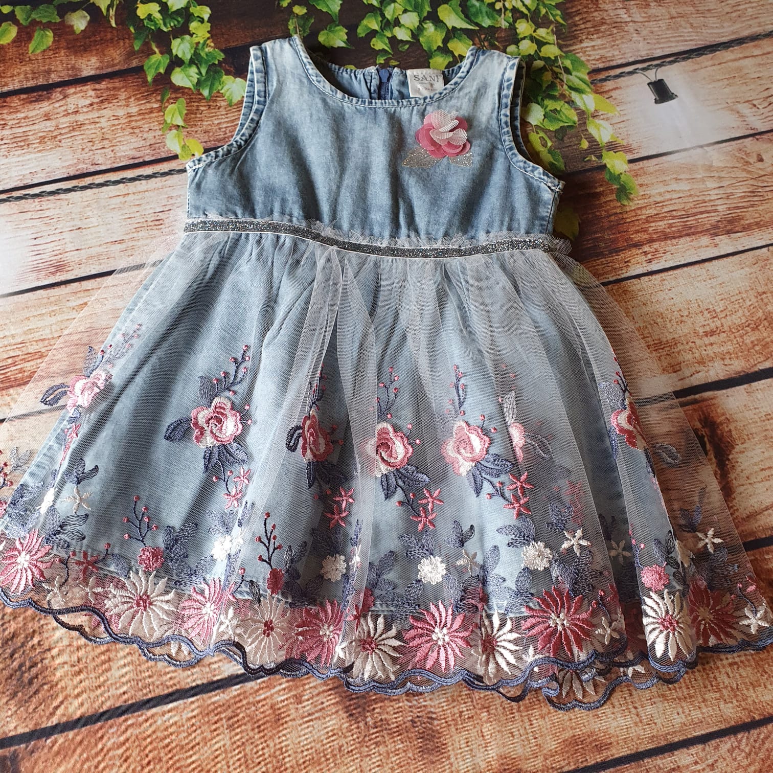 denim dress with embroidered flowers