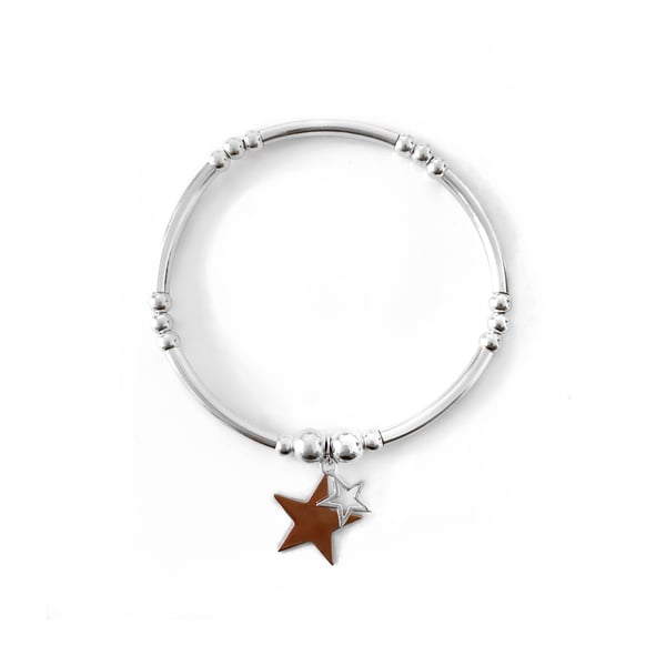 Image of Sterling Silver & Rose Gold Double Star Charm Bangle Bracelet 