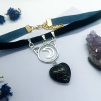 Cat and Moon Black Marbled Stone Heart Pendant - Dark Blue Velvet Choker