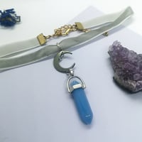 Moon Charm and Baby Blue Quartz Pendant - Grey Velvet Choker