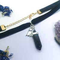 Ghost Charm and Glitter Blue Quartz Pendant - Dark Blue Velvet Choker