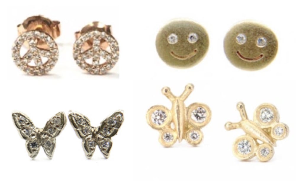 Image of 14 kt and Diamond Studs (Butterflies, Peace Signs, or Smileys) 