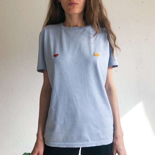 Image of Upcycled Sunny nips t-shirt no.2 // hand embroidered organic cotton, sample sale, size Small unisex