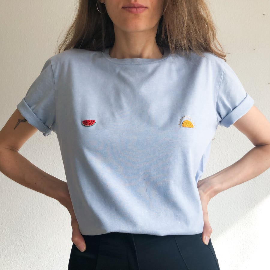 Image of Upcycled Sunny nips t-shirt no.2 // hand embroidered organic cotton, sample sale, size Small unisex