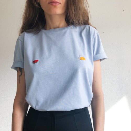 Image of Upcycled Sunny nips t-shirt no.2 // hand embroidered organic cotton, sample sale, size Small unisex