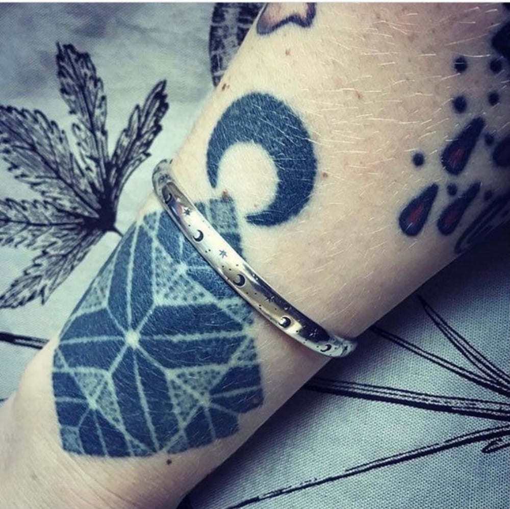 Star and Moon silver stamped cuff bracelet. Heavy celestial sterling bangle. Chunky cosmic cuff.
