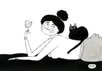 Image 1 of Cat Lady Drinking Wine • ORIGINAL