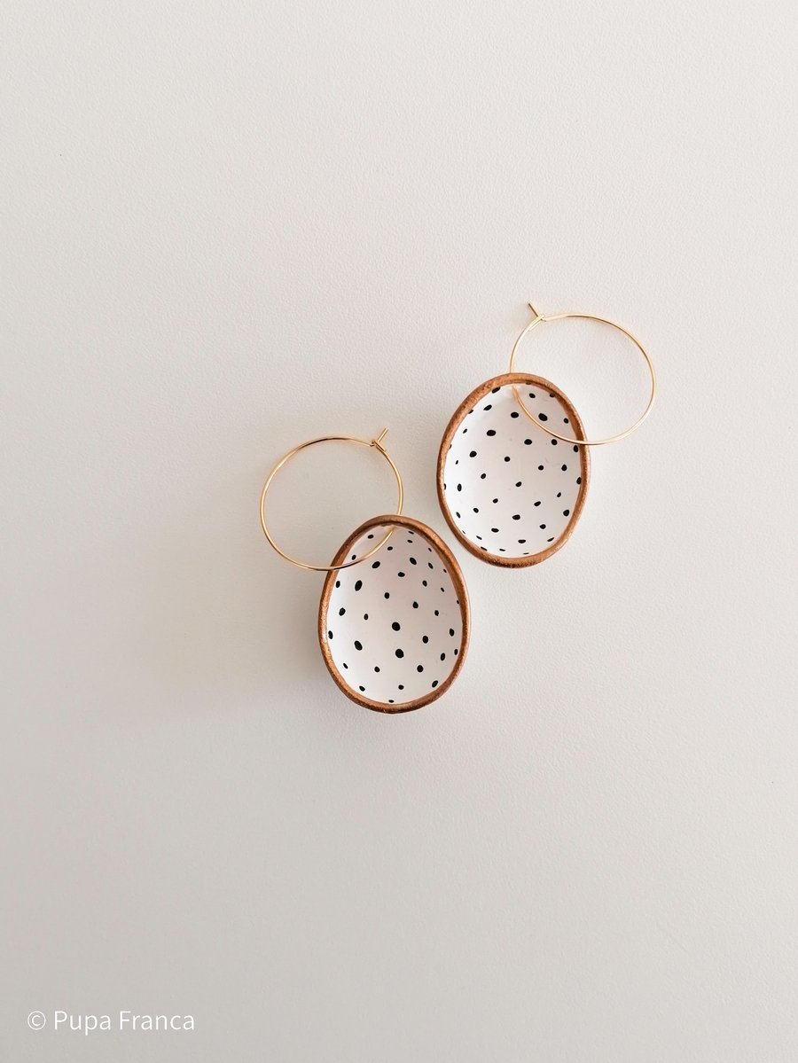 Image of Eggshell Earrings with Black Dots and Golden Edge