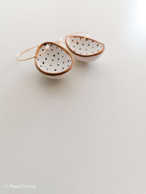 Image of Eggshell Earrings with Black Dots and Golden Edge