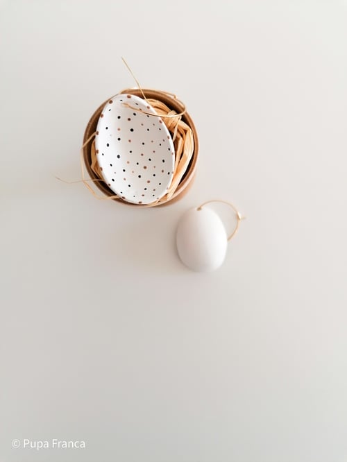 Image of Eggshell Earrings with Black and Golden dots 