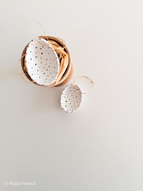 Image of Eggshell Earrings with Black and Golden dots