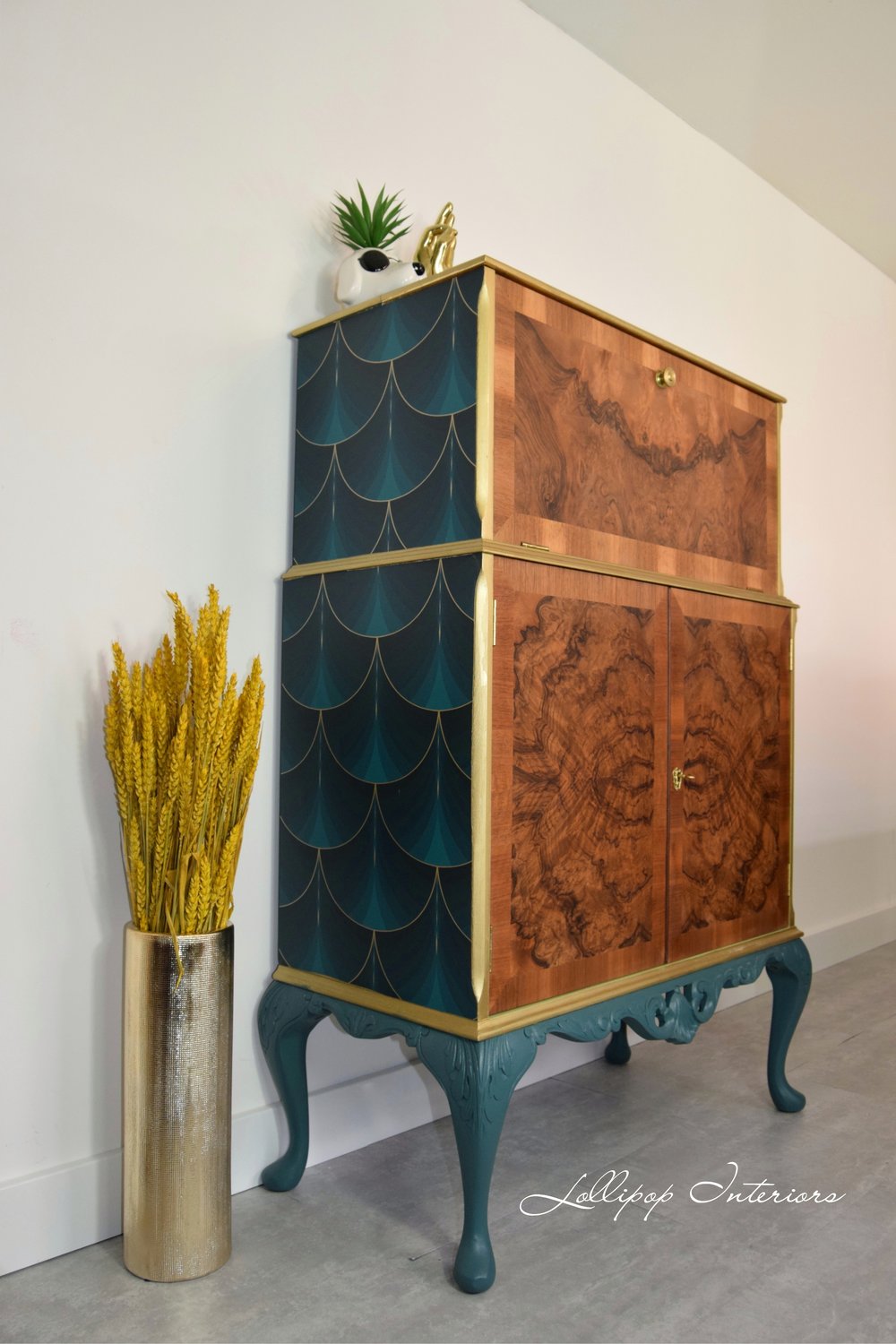 Image of Art deco cocktail cabinet in green and gold