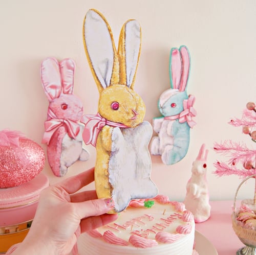 Image of Vintage inspired stuffed Bunny plaque (pink, blue, or yellow) 
