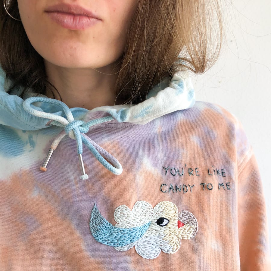 Image of Pillow talks of 2 hybrid cloud-birds - hand embroidered organic cotton hoodie, Unisex, one of a kind