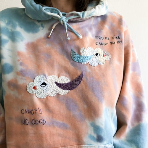 Image of Pillow talks of 2 hybrid cloud-birds - hand embroidered organic cotton hoodie, Unisex, one of a kind