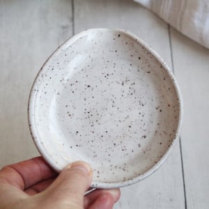 Image of Medium Sized Spoon Rest in Rustic Speckled Brown Clay in Natural Beige Glaze, Made in USA