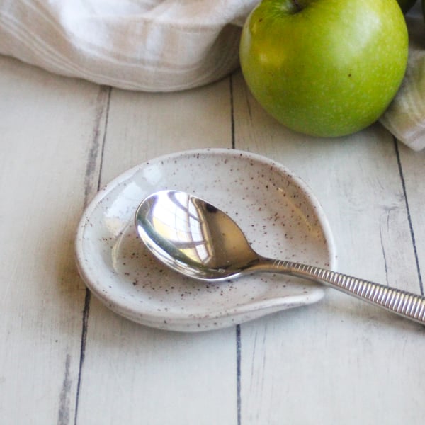 Image of Medium Sized Spoon Rest in Rustic Speckled Brown Clay in Natural Beige Glaze, Made in USA