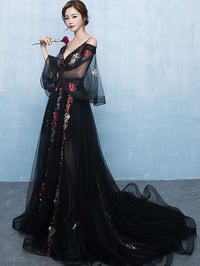 Image 2 of Elegant Black Lace Floral Tulle Off Shoulder Long Formal Dress, Black Evening Dress Prom Dress