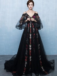 Image 1 of Elegant Black Lace Floral Tulle Off Shoulder Long Formal Dress, Black Evening Dress Prom Dress