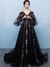 Elegant Black Lace Floral Tulle Off Shoulder Long Formal Dress, Black Evening Dress Prom Dress