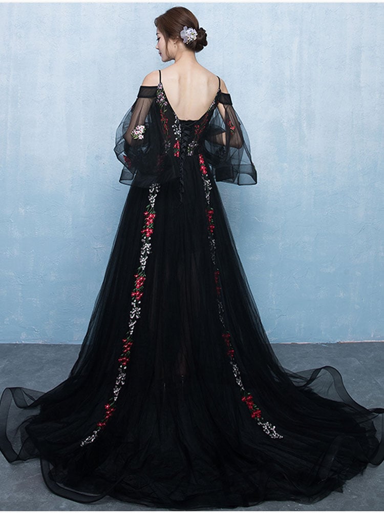 Elegant Black Lace Floral Tulle Off Shoulder Long Formal Dress, Black Evening Dress Prom Dress