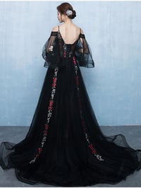Image 3 of Elegant Black Lace Floral Tulle Off Shoulder Long Formal Dress, Black Evening Dress Prom Dress