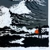 Wave Project Contemplation print - surfer watching big waves with seagulls flying in stormy sky