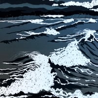 Image 5 of Wave Project Contemplation print - surfer watching big waves with seagulls flying in stormy sky