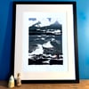 Wave Project Contemplation print - surfer watching big waves with seagulls flying in stormy sky