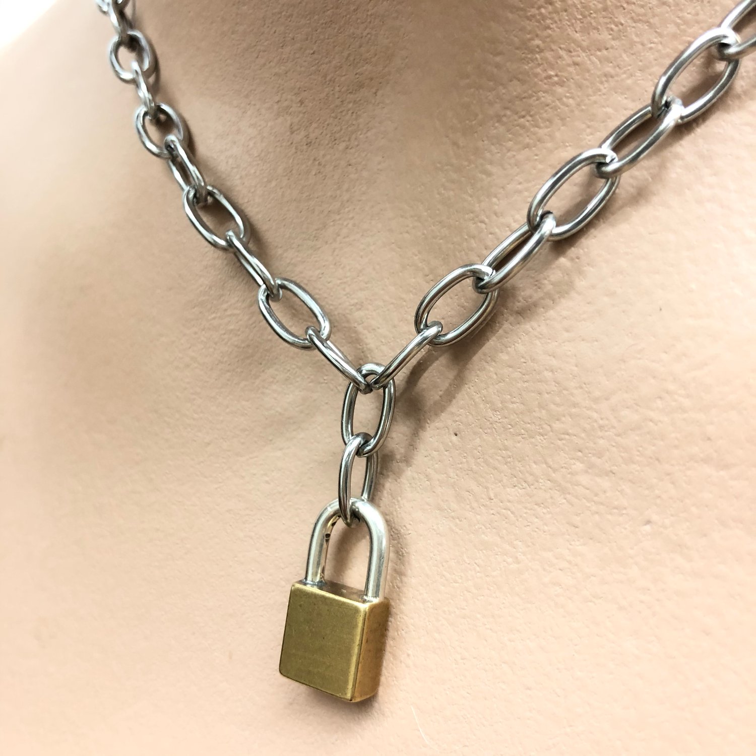 Oversized Padlock Necklace Solid Stainless Steel Chain Silver