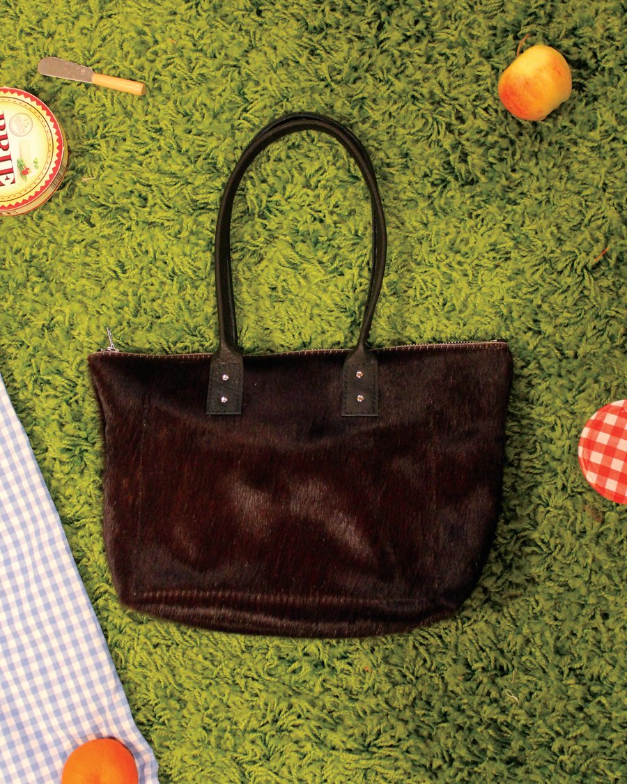 Image of Hairy Cowhide Black Zippered Tote