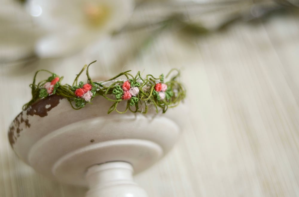Image of Moss and embroidered flowers halo