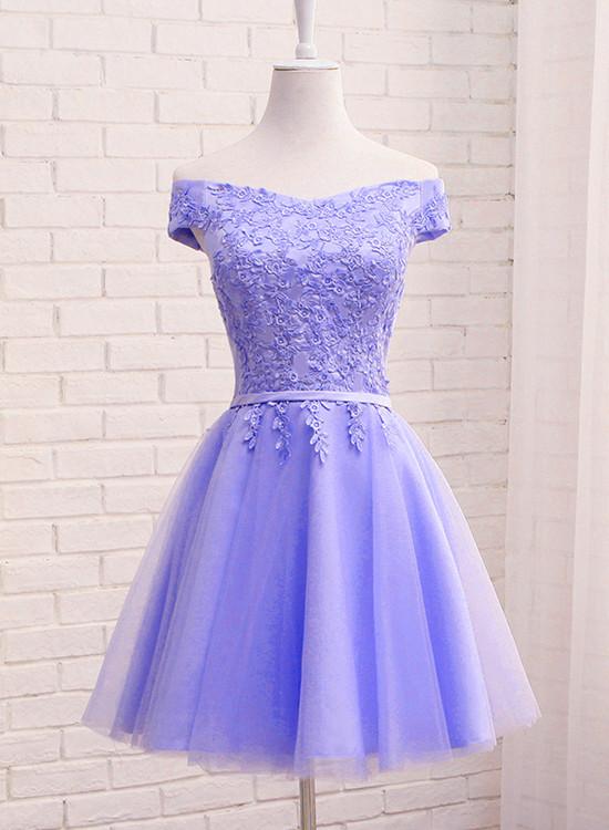 Cute Tulle Sweetheart Purple Short Sleeves Lace Off Shoulder Prom Dress, Purple Homecoming Dre