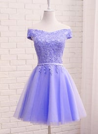 Image 1 of Cute Tulle Sweetheart Purple Short Sleeves Lace Off Shoulder Prom Dress, Purple Homecoming Dre