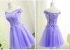 Cute Tulle Sweetheart Purple Short Sleeves Lace Off Shoulder Prom Dress, Purple Homecoming Dre