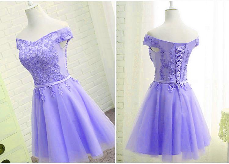 Cute Tulle Sweetheart Purple Short Sleeves Lace Off Shoulder Prom Dress, Purple Homecoming Dre