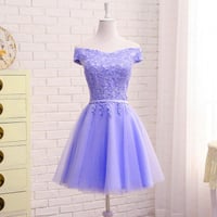 Image 2 of Cute Tulle Sweetheart Purple Short Sleeves Lace Off Shoulder Prom Dress, Purple Homecoming Dre