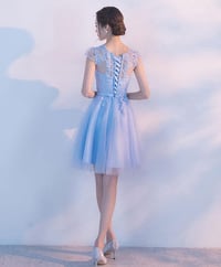 Image 3 of Light Blue Lace Applique Tulle Short Party Dress, Blue Homecoming Dress Prom Dress