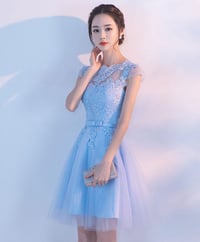 Image 1 of Light Blue Lace Applique Tulle Short Party Dress, Blue Homecoming Dress Prom Dress