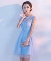 Light Blue Lace Applique Tulle Short Party Dress, Blue Homecoming Dress Prom Dress