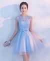 Light Blue Lace Applique Tulle Short Party Dress, Blue Homecoming Dress Prom Dress