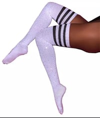 Image 1 of White/Black Rhinestone Thigh High Sock 