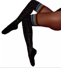 Image 1 of Black Rainbow/Rhinestone Thigh High Socks 