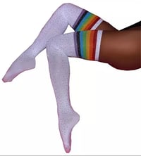 Image 1 of White Rainbow / Rhinestone Thigh High Socks 