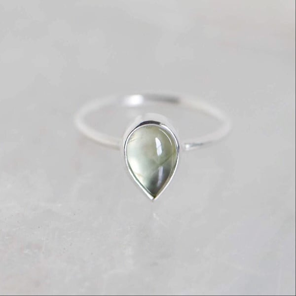 Image of Prehnite cabochon water drop shape classic silver ring