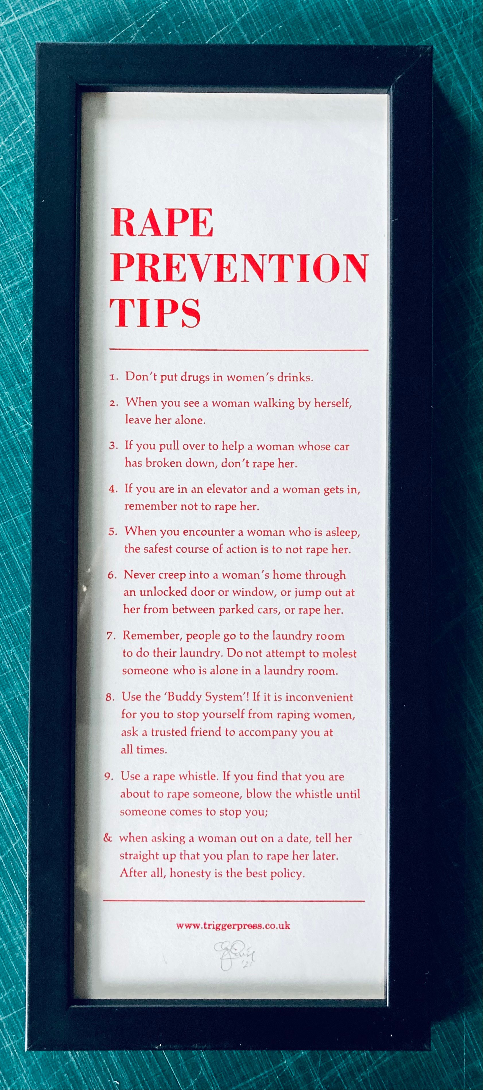 Rape Prevention Tips โ framed | Trigger Press